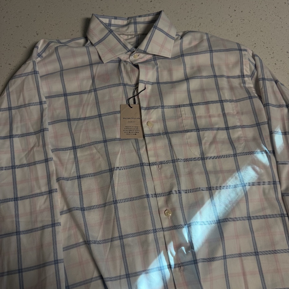 Peter Millar White Button-Down Shirt with Blue and Pink Windowpane